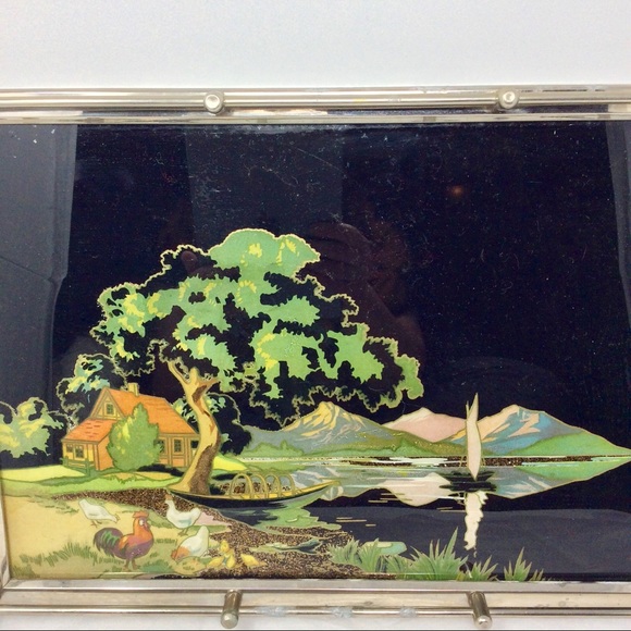 Incredible reverse painted tray with silver trim and handles. - Picture 3 of 14